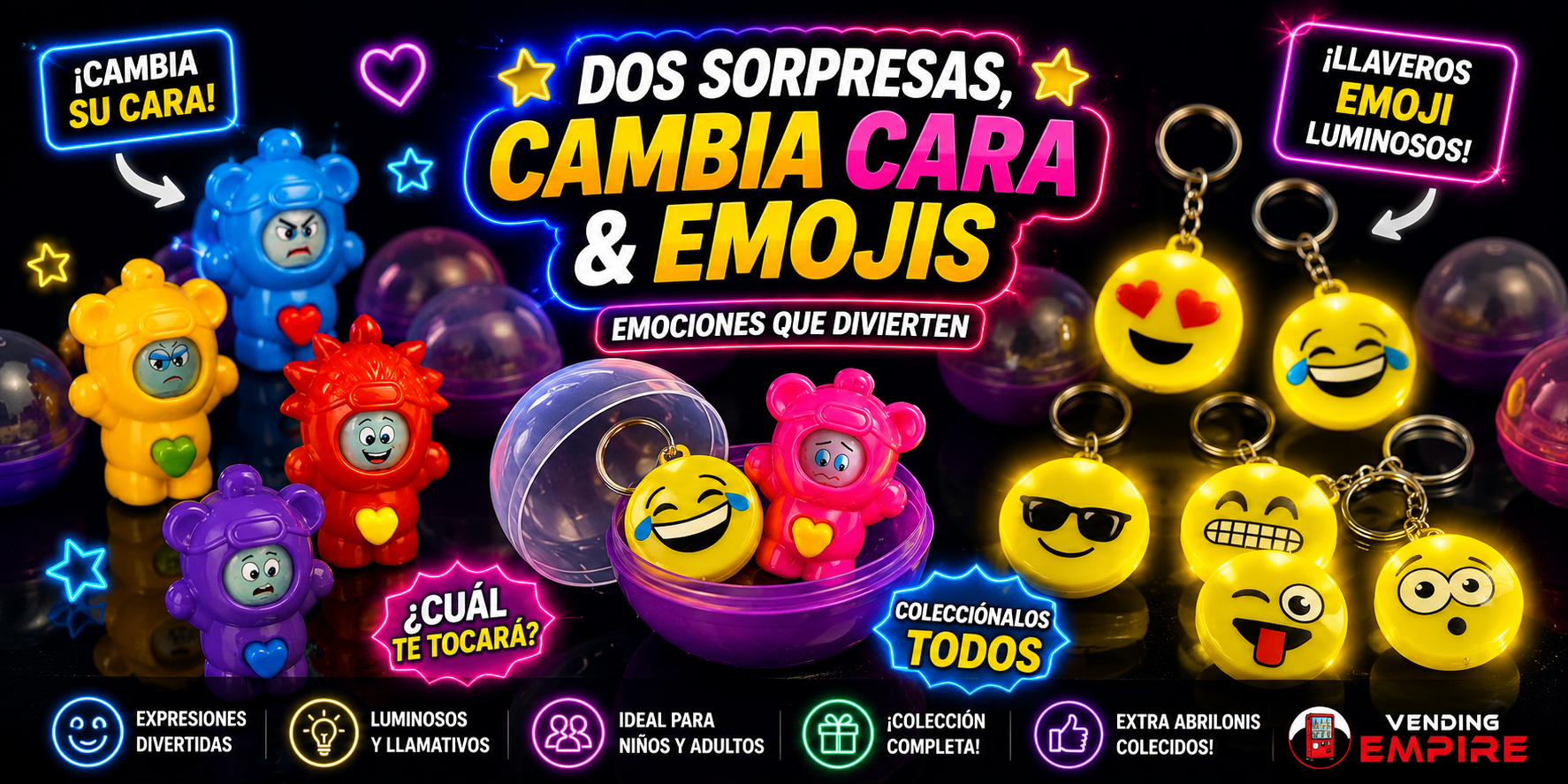Mix de Muñecos Cambia Cara con Llaveros Emoji – Para Máquina Vending de 2” (Con Cápsula)