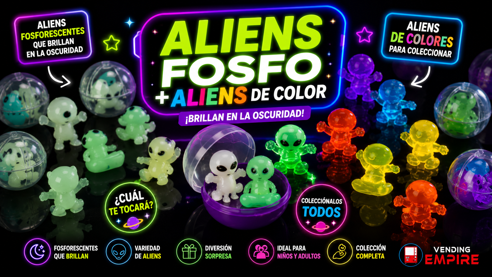 Mix de Aliens de Colores con Aliens Fosfo Encapsulados 1″ (100 pzs)