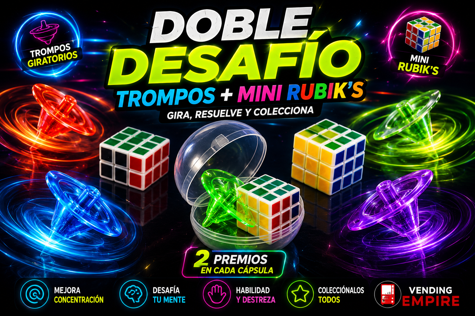 Mix Cubo RUBIK con Trompo Giratorio Encapsulado 2” (100 pzs)
