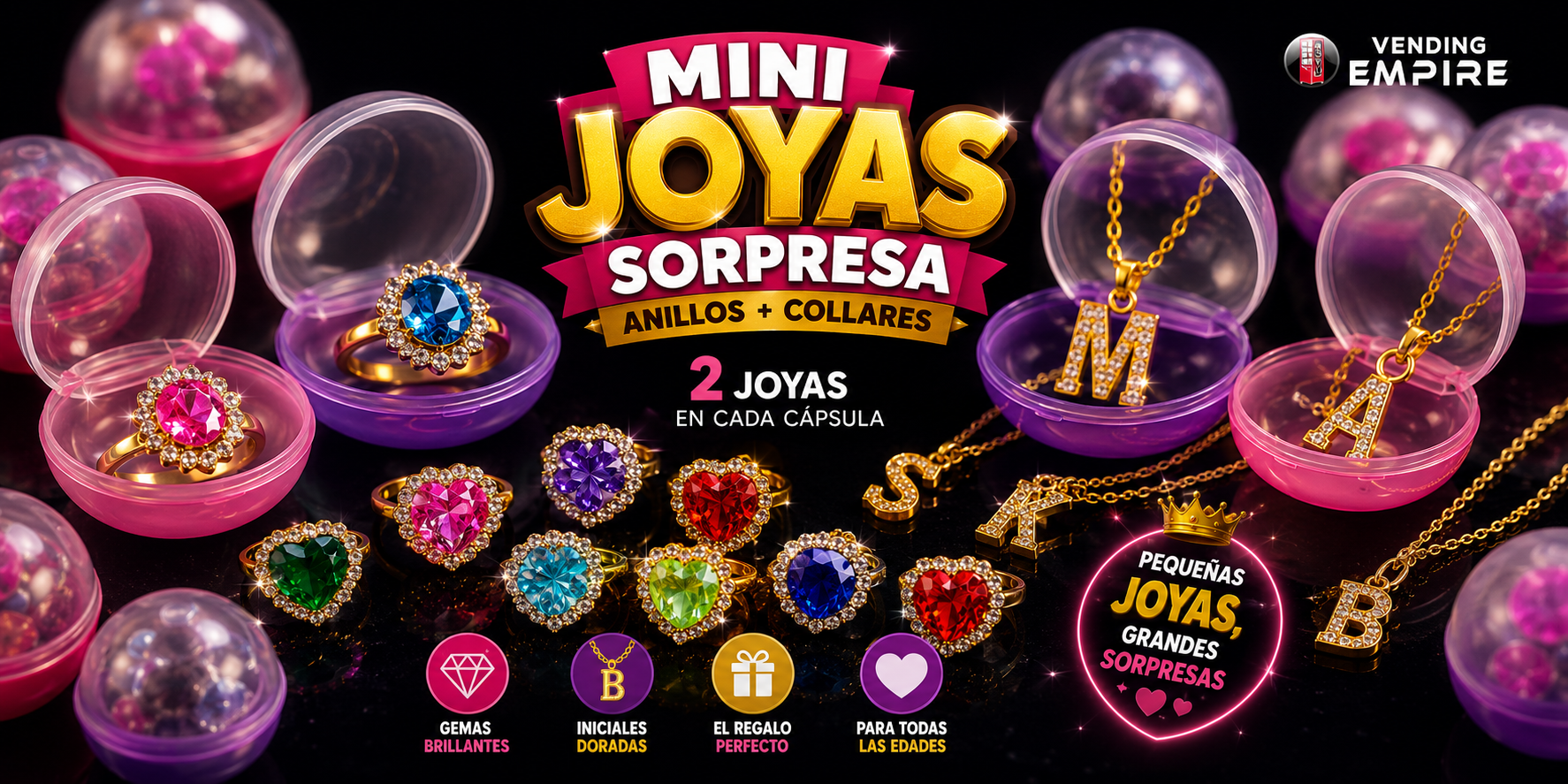 Mix de Gemas Brillantes con Cadenas de Letras Para Máquina Vending de 1” (Con Cápsula)