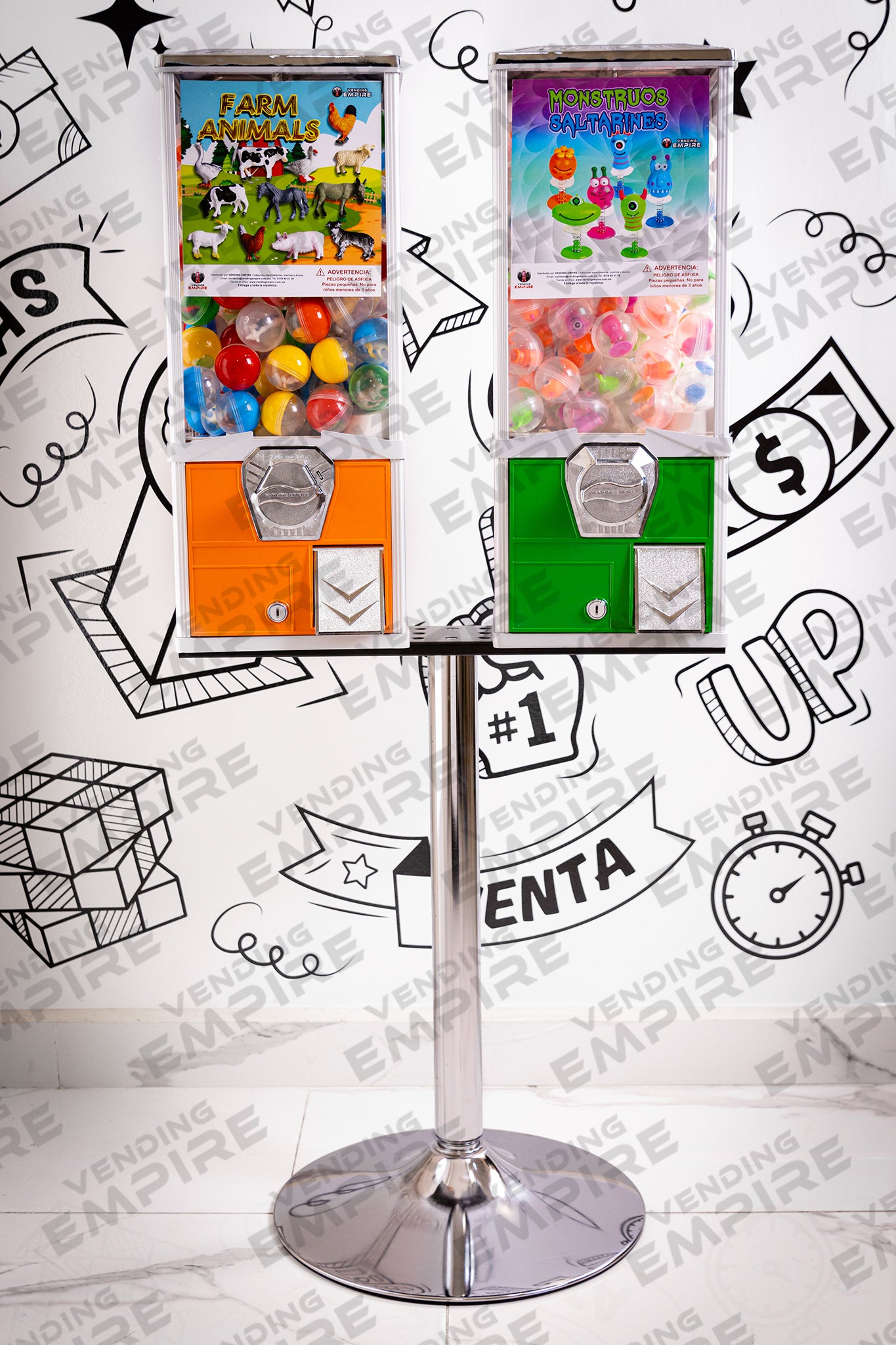 Kit Doble de Maquina Capsulera Vending Empire 2″ con Pedestal Cromado [Envío Gratis]
