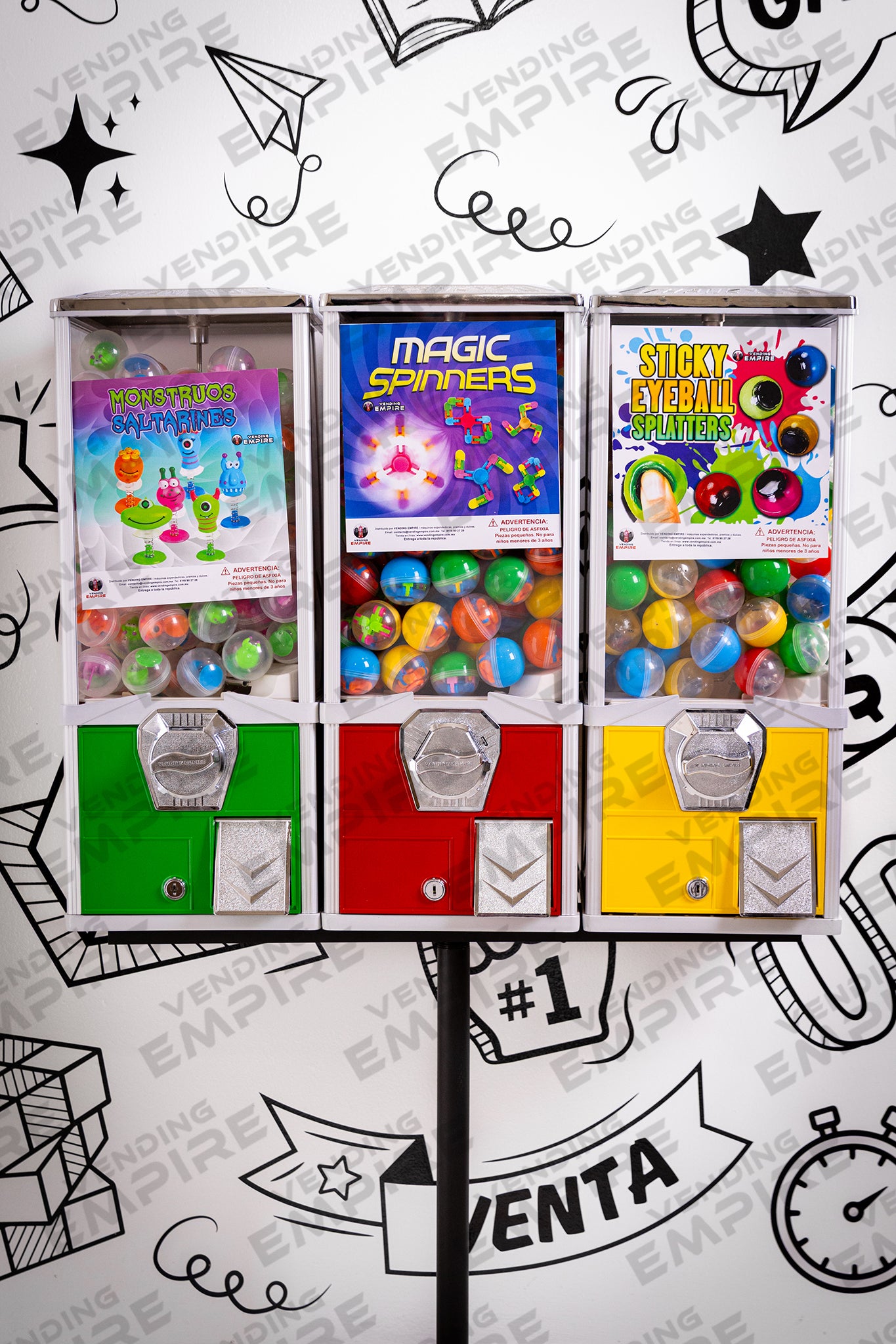 Kit Triple de Maquinas Capsuleras Vending Empire 2″ con Pedestal Redondo Vending Empire [Envío Gratis]
