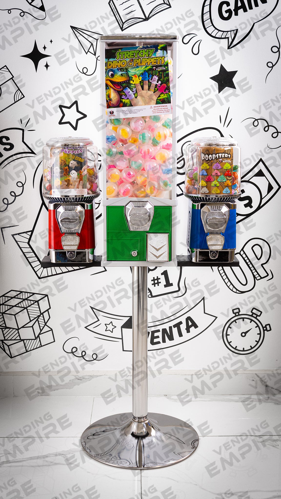 Modulo Triple con Pedestal Cromado | 2 Chicleras Suprema + 1 Juguetera Mayor Capacidad
