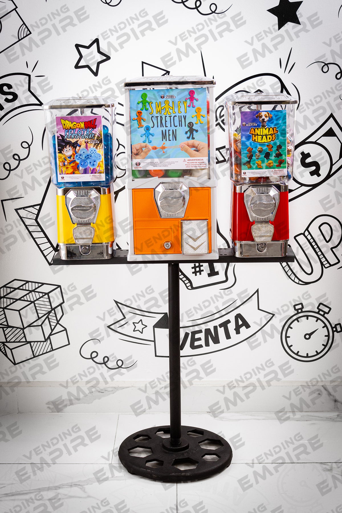 Mosulo Triple con Pedestal Vending Empire | 2 Chicleras Premium c/ Caja + 1 Juguetera Compacta