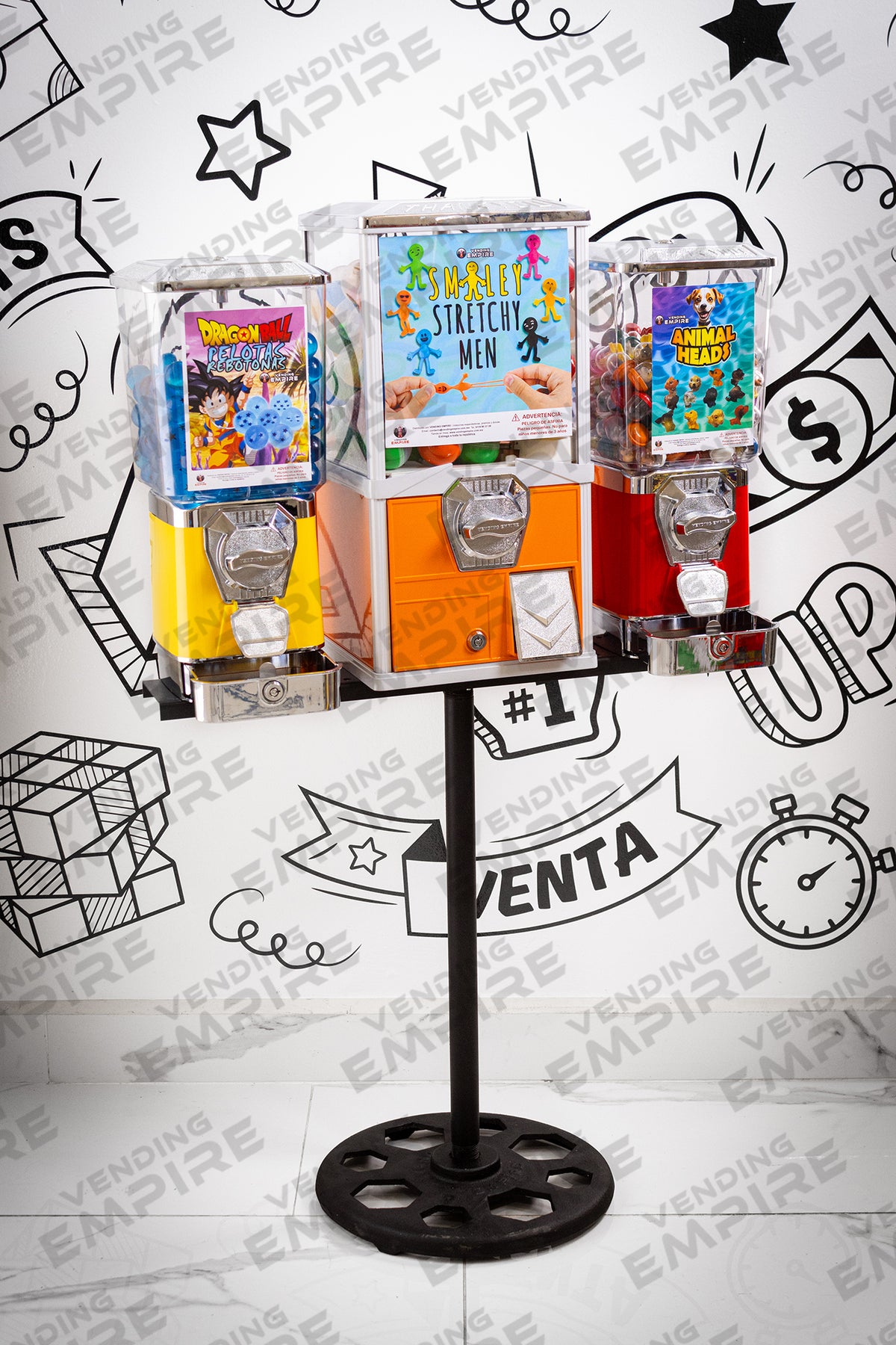 Mosulo Triple con Pedestal Vending Empire | 2 Chicleras Premium c/ Caja + 1 Juguetera Compacta