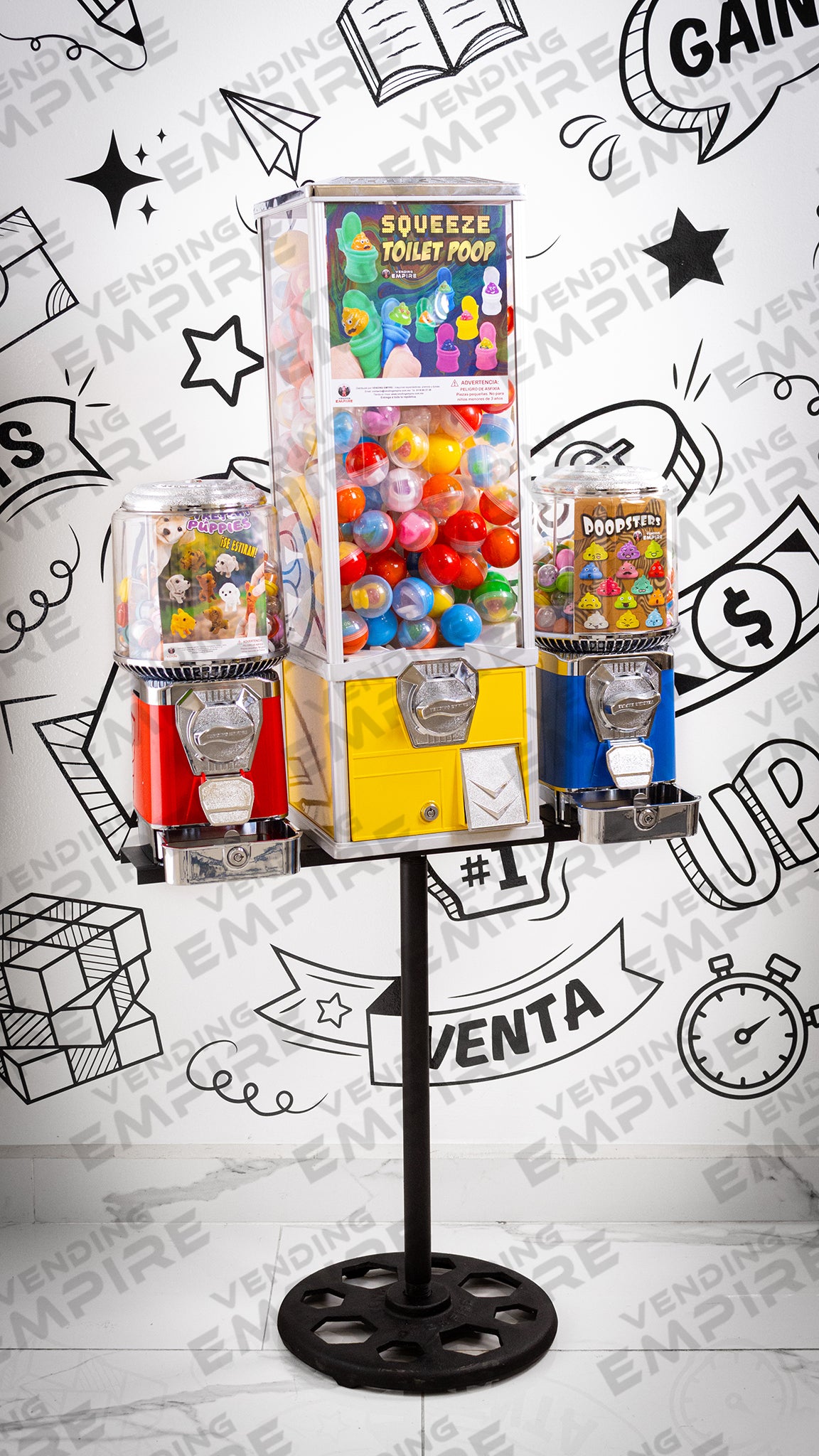 Modulo Triple con Pedestal Vending Empire | 2 Chicleras Suprema c/ Caja + 1 Juguetera Mayor Capacidad