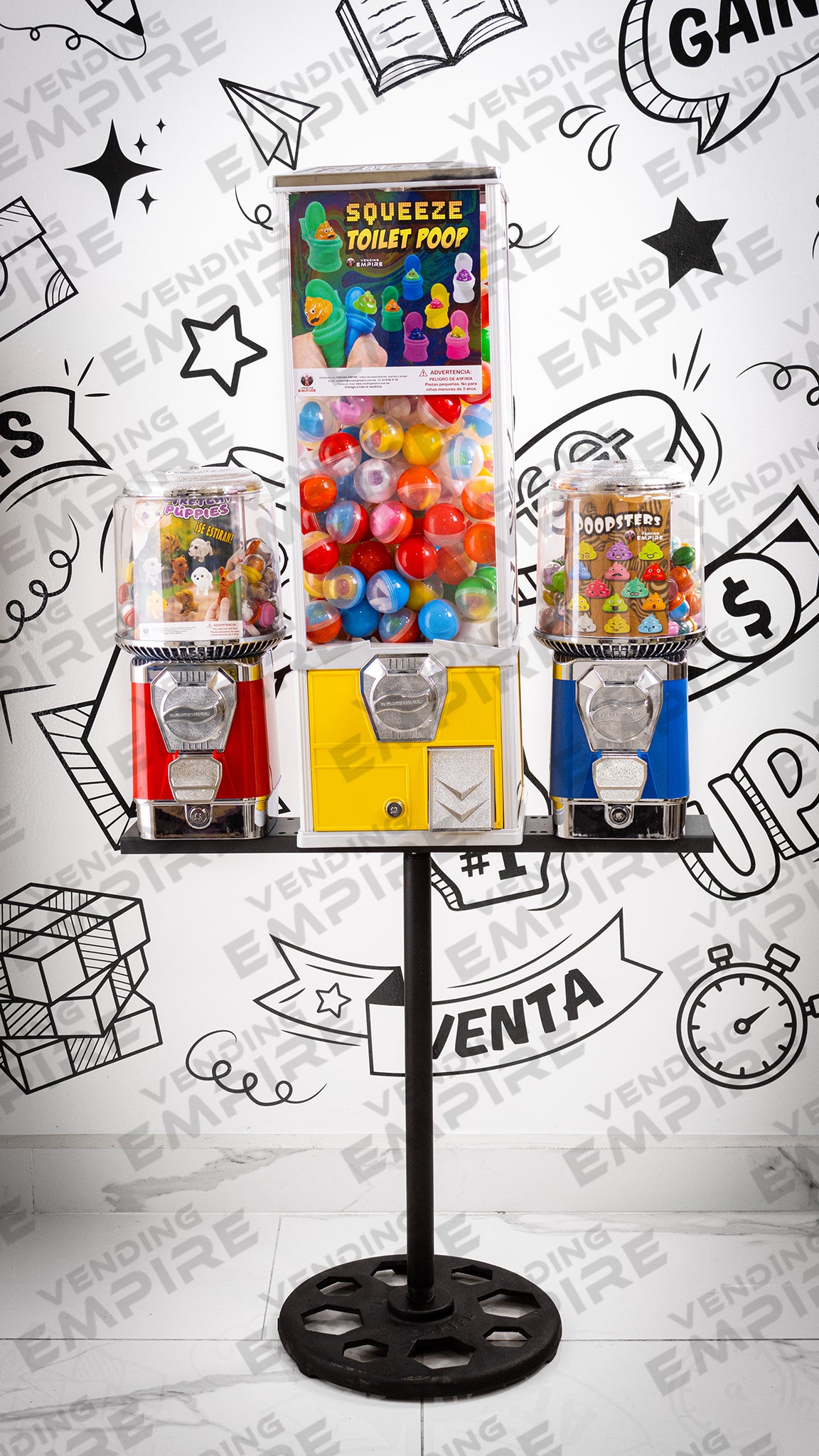 Modulo Triple con Pedestal Vending Empire | 2 Chicleras Suprema c/ Caja + 1 Juguetera Mayor Capacidad