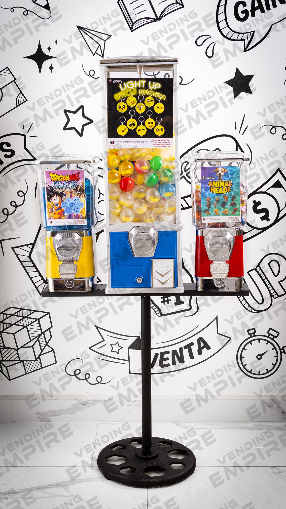 Modulo Triple con Pedestal Vending Empire | 2 Chicleras Premium c/ Caja + 1 Juguetera Mayor Capacidad