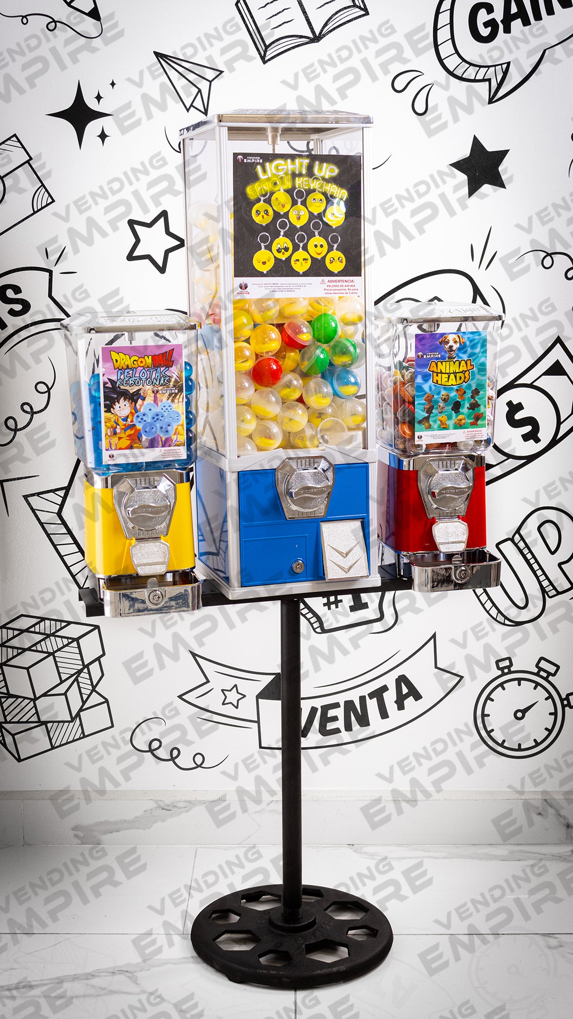 Modulo Triple con Pedestal Vending Empire | 2 Chicleras Premium c/ Caja + 1 Juguetera Mayor Capacidad