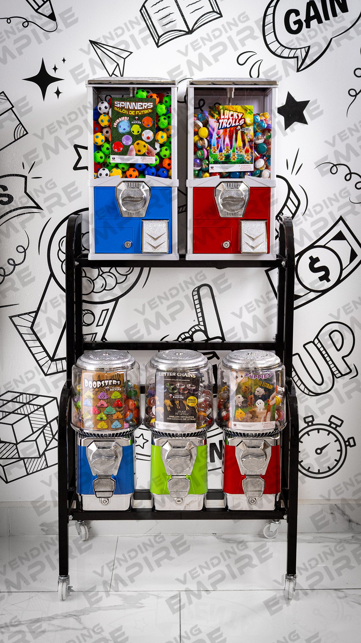 Rack 5 Máquinas Vending Empire | 2 Jugueteras Compacta + 3 Chicleras Suprema